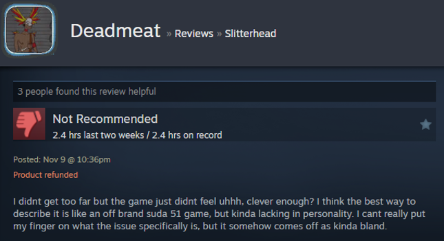 Screenshot showing a Steam user review of Slitterhead.